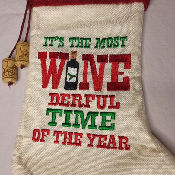 Holiday Time Christmas Stocking 20 In  Funny Wine Theme Red Plush Cuff - Picture 2 of 4